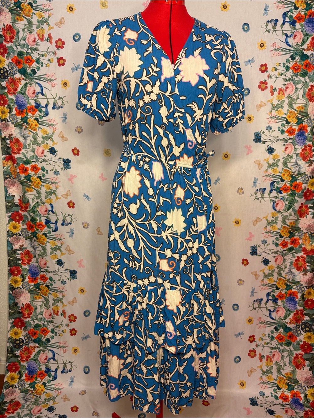 Knox Rose-  Blue V-Neck Floral Wrap Dress Ruffle Tiered Tassel Ties w/ Pockets!